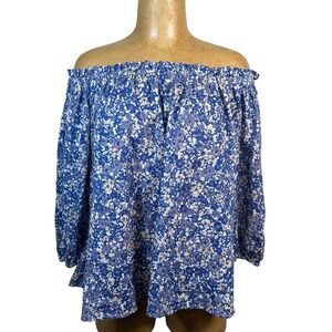 Good Hart Off Shoulder Floral Blouse Blue White Cottage Country Cowgirl  Medium